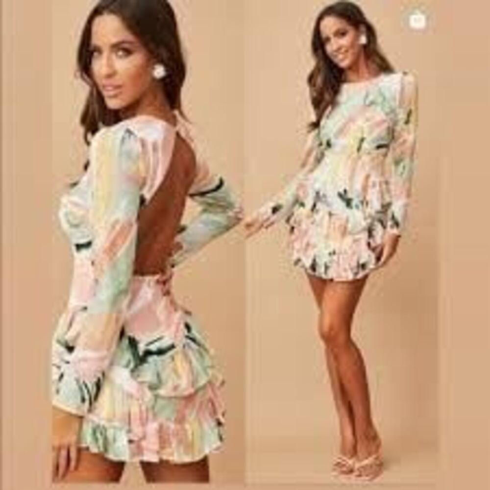 Abstract Pastel Chiffon Mini Dress XS Open Back Ruffle Tier Picasso Art Cocktail - Picture 8 of 10
